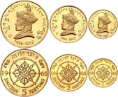 Bhutan Proof Set of 3 Gold Coins (1-2-5 SertuMS ) 1966

KM# PS2 (KM#33-35); Gold (.917) 63.92 g, Proof; Jigme Dorji; 40th Anniversary - Accession of...