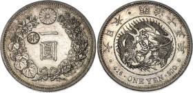 Japan 1 Yen 1892 (25) Countermark

Y# 28a.2, N# 135906; Silver, Prooflike; Meiji; Countermark "Gin" on the left side designating the Osaka Mint; Wit...