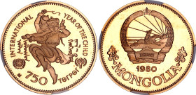 Mongolia 750 Tugrik 1980 NGC PF67 ULTRA CAMEO

KM# 40, Schön# 40, N# 60107; Gold (.900) 18.79 g, Proof; International Year of the Child; Mintage 320...