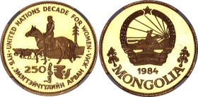 Mongolia 250 Tugrik 1984 NGC PF65 ULTRA CAMEO

KM# 45, Schön# 50, N# 114302; Gold (.900) 7.13 g.; Decade for Women; Mintage 510 pcs.