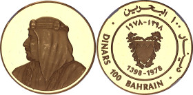 Bahrain 100 Dinars 1978 AH 1398 NGC PF64 ULTRA CAMEO

KM# 12, Fr# 3, N# 87751; Gold (.917) 31.96 g, Proof; Isa bin Salman Al Khalifa; Opening of the...