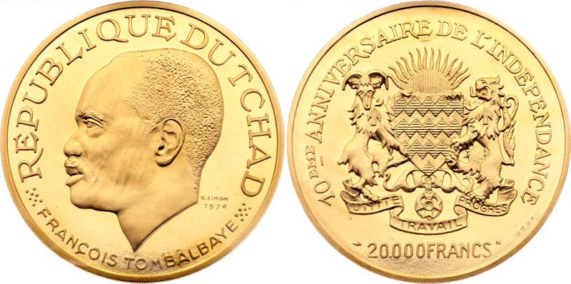 Chad 20000 Francs 1970 NI

KM# 12, N# 68674; Gold (.900) 70.00 g, Proof; 10th ...