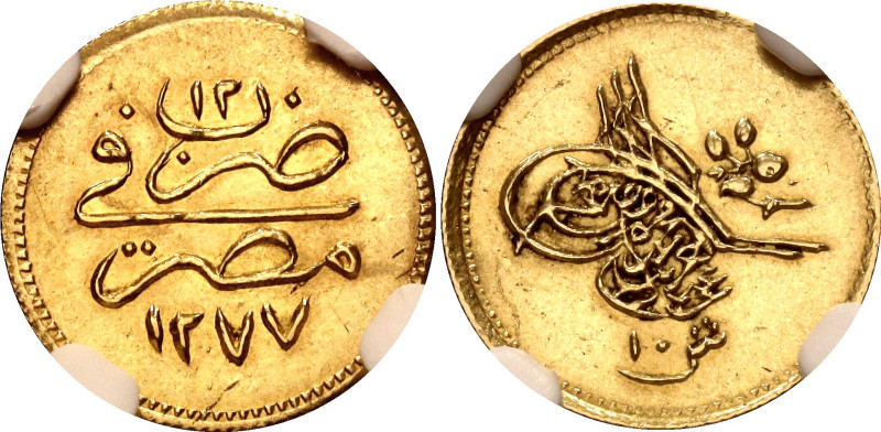 Egypt 10 Qirsh 1871 AH 1277//12 NGC MS62

KM# 259, N# 231887; Gold (.875) 0.85...