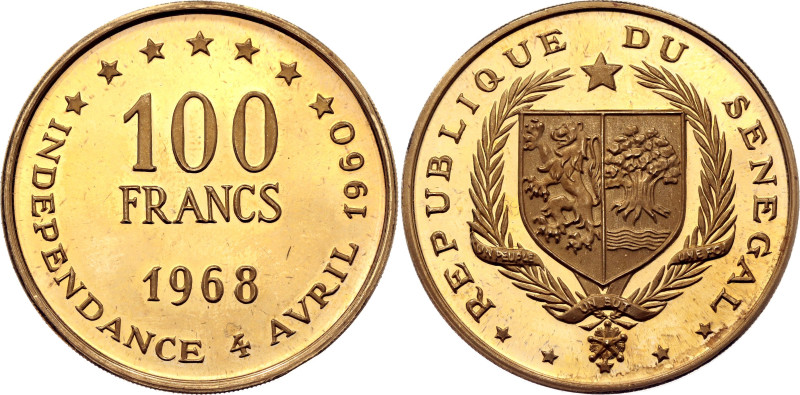 Senegal 100 Francs 1968

KM# 4, N# 46195; Gold (.900) 32.00 g, Proof; 8th Anni...