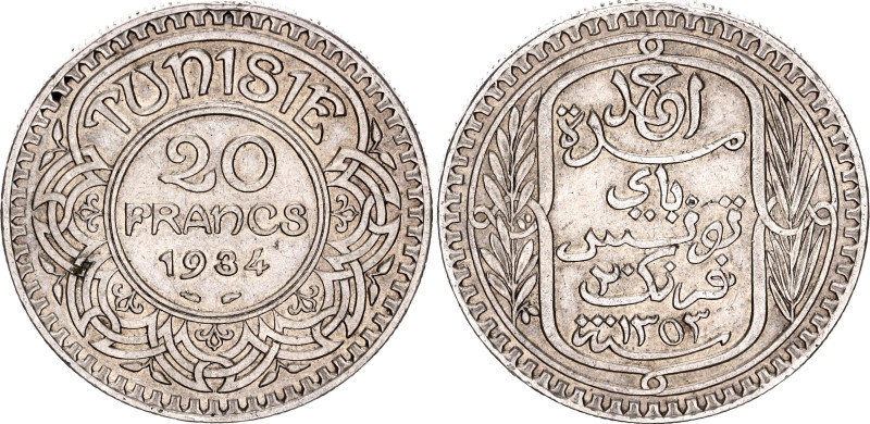 Tunisia 20 Francs 1934 AH 1353

KM# 256, Lec# 362, Lec# 362, N# 11228; Silver;...