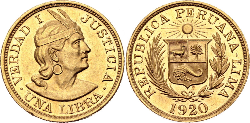 Peru 1 Libra 1920

KM# 207, N# 46644; Gold (.917) 7.98 g.; Lima Mint; UNC with...