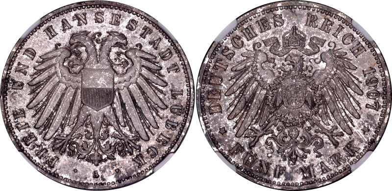 Germany - Empire Lubeck 5 Mark 1907 A NGC MS64

KM# 213, J# 83, Dav GT III# 72...