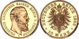 Germany - Empire Prussia 10 Mark 1888 A Proof PCGS PR64 CAM

KM# 514, J# 247, N# 21788; Gold (.900) 3.98 g, Proof; Friedrich III; Deutsches Kaiserre...