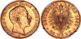 Germany - Empire Prussia 20 Mark 1888 A NGC MS63

KM# 516, J# 250, N# 32032; Gold (.900) 7.96 g.; Wilhelm II; Berlin Mint