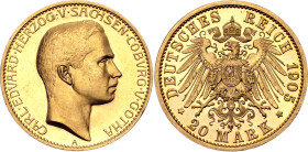 Germany - Empire Saxe-Coburg-Gotha 20 Mark 1905 A Proof

KM# 172, J# 274, N# 32712; Gold (.900), 7.97 g; Karl Eduard; Mintage: 484 pcs, Sachsen Cobu...