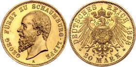 Germany - Empire Schaumburg-Lippe 20 Mark 1898 A Proof

KM# 51, J# 285, Fr# 3866, N# 47270; Gold 7.96 g, Proof; Adolph I Georg; One of the rarest go...