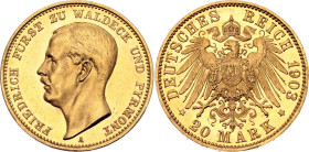 Germany - Empire Waldeck-Pyrmont 20 Mark 1903 A Proof

KM# 195, J# 288, N# 74633; Gold (.900) 7.97 g, Proof; Friedrich; Berlin Mint; Mintage: 150 pc...