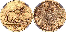 German East Africa 15 Rupien 1916 T NGC MS63

KM# 16.2, Schön# 19, AKS# 627, N# 21867; Fight Arabesque ends below first "A" of "OSTAFRIKA"; Gold (.7...
