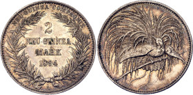 German New Guinea 2 Mark 1894 A Proof

KM# 6, J# 706, N# 21763; Silver 10.99 g, Proof; Wilhelm II; Berlin Mint; Neu-Guinea Compagnie 2 Mark 1894 A P...