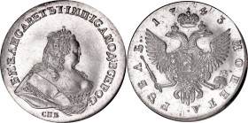 Russia 1 Rouble 1743 СПБ R3 PCGS MS62

Bit# 237 R3, N# 102574; Silver; Elizabeth; Overstruck on Rouble 1741; With full mint luster; Very rare in thi...