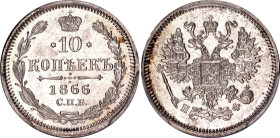 Russia 10 Kopeks 1866 СПБ HФ NGC MS66

Bit# 202, Y# 20.2, N# 21341; Silver; UNC with full mint luster