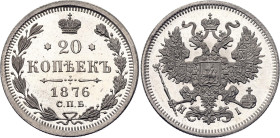 Russia 20 Kopeks 1876 СПБ HI PROOF

Bit# 227, N# 6221; Silver, Proof; Beautiful mirrored fields. Very nice and rare collectible piece!