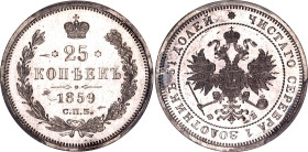 Russia 25 Kopeks 1859 СПБ ФБ R PCGS MS64 PL

Bit# 131 R, Y# 23, N# 16510; Silver, Prooflike; UNC with a nice toning & mirrored fields