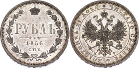 Russia 1 Rouble 1866 СПБ НФ R

Bit# 78 R, N# 16511; Ex Kunker 338 - 4752; Silver; AUNC/UNC with a nice toning