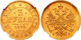 Russia 3 Roubles 1875 СПБ HI NGC MS62

Bit# 37 (R), Fr# 164, Uzd# 276, N# 26857; Gold (.917) 3.93 g; UNC; Rare in this grade.