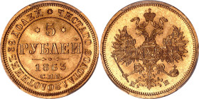 Russia 5 Roubles 1863 СПБ МИ PCGS MS65

Bit# 9; Gold (.917) 6.54 g.; UNC with full mint luster