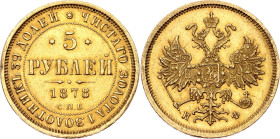 Russia 5 Roubles 1878 СПБ НФ

Bit# 27, Conros# 18/23, N# 26864; Gold (.917) 6.52 g.; AUNC; Mint luster remains