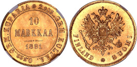 Russia - Finland 10 Markkaa 1881 S R NGC MS64

Bit# 616 (R), KM# 8, Fr# 5, N# 22278; Gold (.900) 3.23 g; UNC with full mint luster