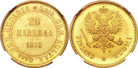 Russia - Finland 20 Markkaa 1878 S R NGC MS64

Bit# 611 (R), KM# 9, Schön# 9, N# 22279; Gold (900) 6.45 g; UNC with full mint luster