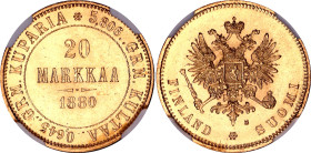 Russia - Finland 20 Markkaa 1880 S R1 NGC MS63

Bit# 613 (R1), KM# 9, Schön# 9, N# 22279; Gold (900) 6.45 g; UNC with full mint luster