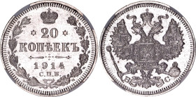 Russia 20 Kopeks 1914 СПБ BC NGC MS67

Bit# 116, Y# 22a.1, N# 6221; Silver; UNC with full mint luster