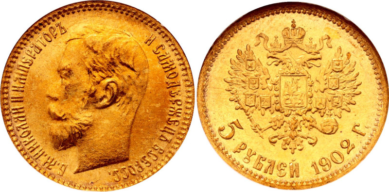 Russia 5 Roubles 1902 АP NGC MS66

Bit# 29, Conros# 20/12, N# 20953; Gold (.90...