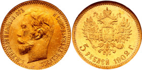 Russia 5 Roubles 1902 АP NGC MS66

Bit# 29, Conros# 20/12, N# 20953; Gold (.900) 4.30 g.