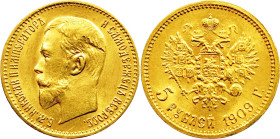 Russia 5 Roubles 1909 ЭБ R

Bit# 34 R, Y# 62, Fr# 180, N# 20953; Gold (.900) 4.30 g.; UNC with full mint luster & scratch