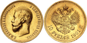 Russia 10 Roubles 1901 ФЗ

Bit# 8, Conros# 8/6, N# 18722; Gold (.900) 8.60 g.; UNC with mint luster