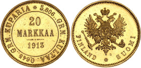 Russia - Finland 20 Markkaa 1913 S

Bit# 391, Conros# 481/11, KM# 9, N# 22279; Gold (.900) 6.45 g; UNC with mint luster & few hairlines