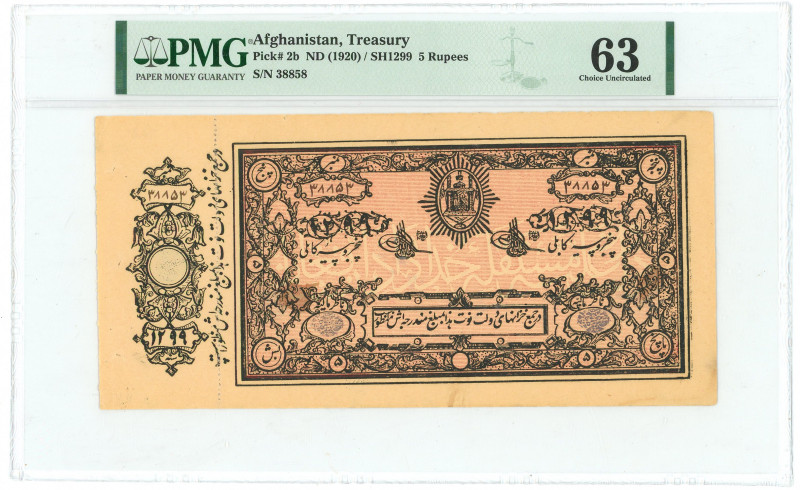 Afghanistan 5 Rupees 1920 (ND) PMG 63 Choice UNC

P# 2b, N# 216794; # 38858