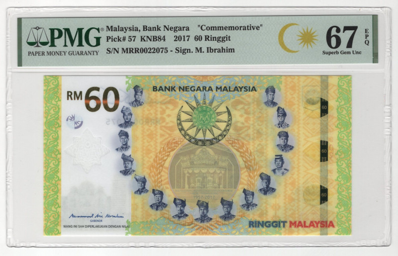 Malaysia 60 Ringgit 2017 PMG 67 EPQ Superb Gem UNC

P# 57, N# 207757; # MRR002...