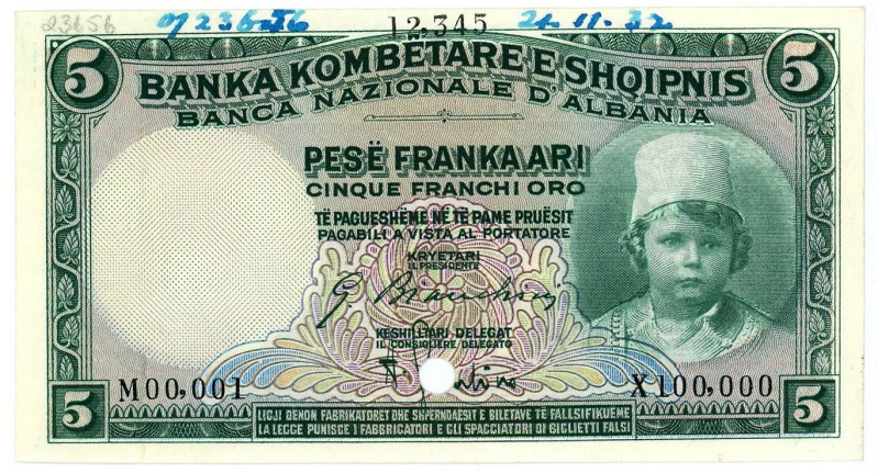 Albania 5 Franka Ari 1926 Specimen

P# 2s, N# 221079; # M00,001 X100,000 12,34...