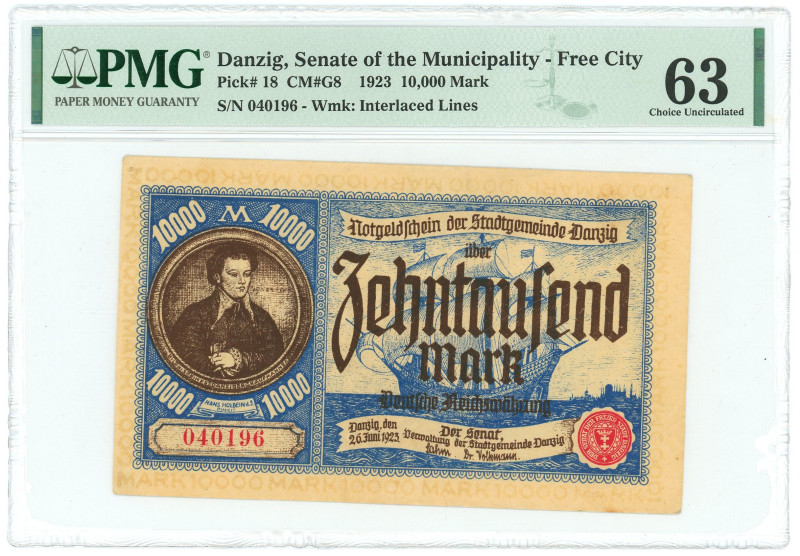 Danzig 10000 Mark 1923 PMG 63 Choice UNC

P# 18, N# 210222; # 40196