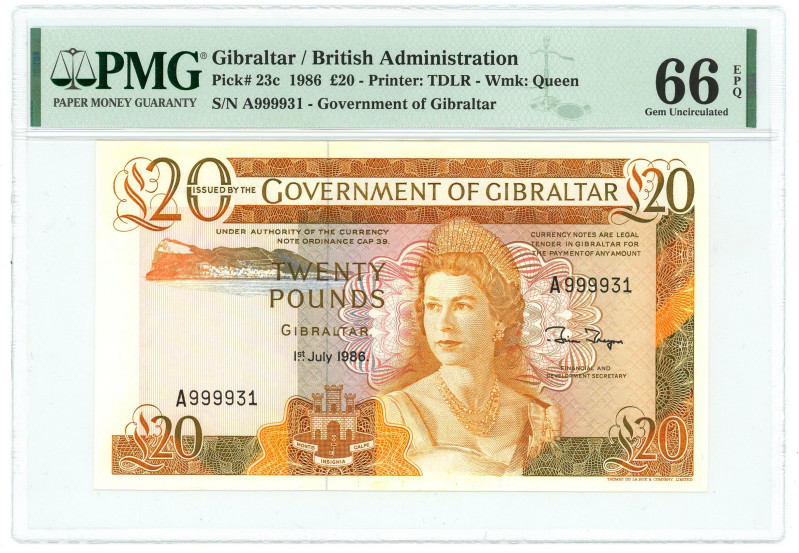 Gibraltar 20 Pounds 1986 PMG 66 EPQ Gem UNC

P# 23c, N# 223409; # A999931