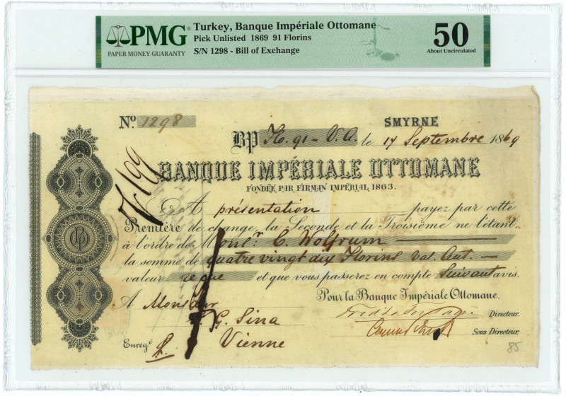 Ottoman Empire Banque Imperiale Ottoman Smyrne Bill of Exchange for 91 Florins 1...