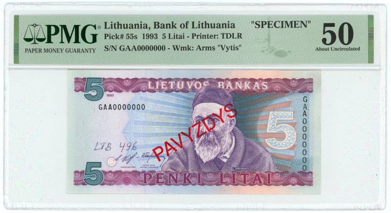 Lithuania 5 Litai 1993 Specimen PMG 50 AUNC

P# 55s, N# 209154; GAA0000000; Ar...