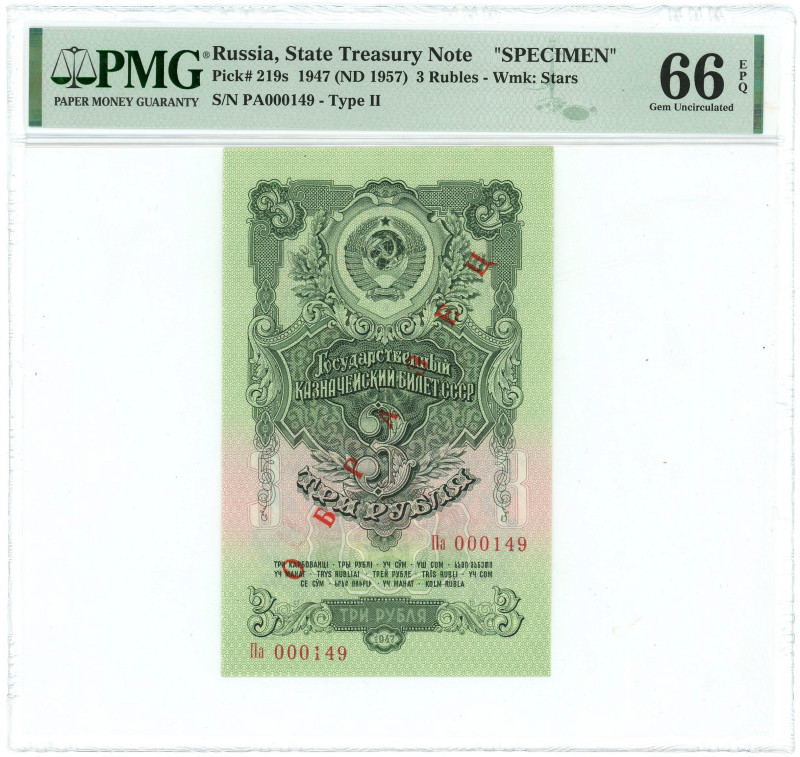 Russia - USSR 3 Roubles 1947 (1957) Specimen PMG 66EPQ Gen UNC

P# 219s, N# 21...