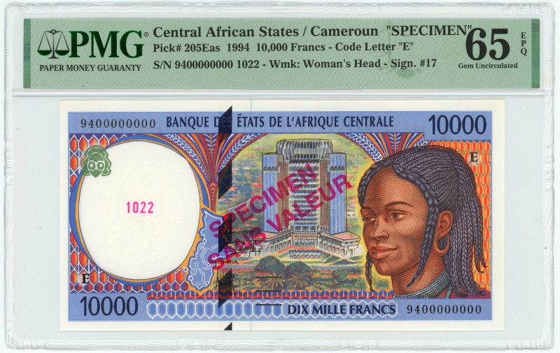 Central African States Cameroun 10000 Francs 1994 Specimen PMG 65 EPQ Gem UNC
...