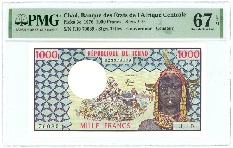 Chad 1000 Francs 1978 PMG 67 EPQ Superb Gem UNC

P# 3c, N# 201695; # J.10 7908...