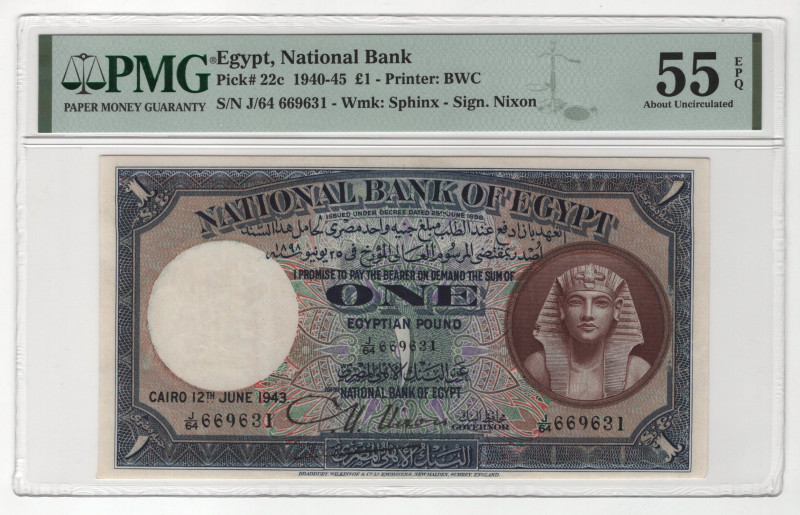 Egypt 1 Pound 1943 PMG 55 EPQ About UNC

P# 22c, N# 207652; # J/64 669631; Pri...