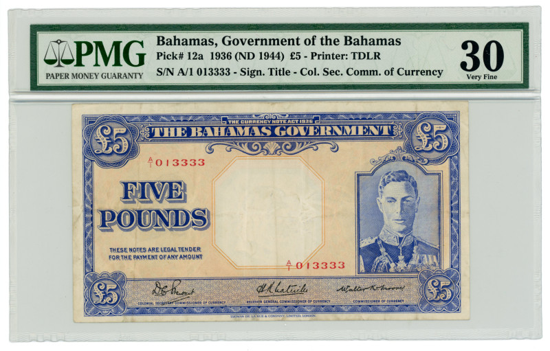 Bahamas 5 Pounds 1936 (1944) (ND) PMG 30

P# 12a, N# 274523; # A/1 013333; Fan...