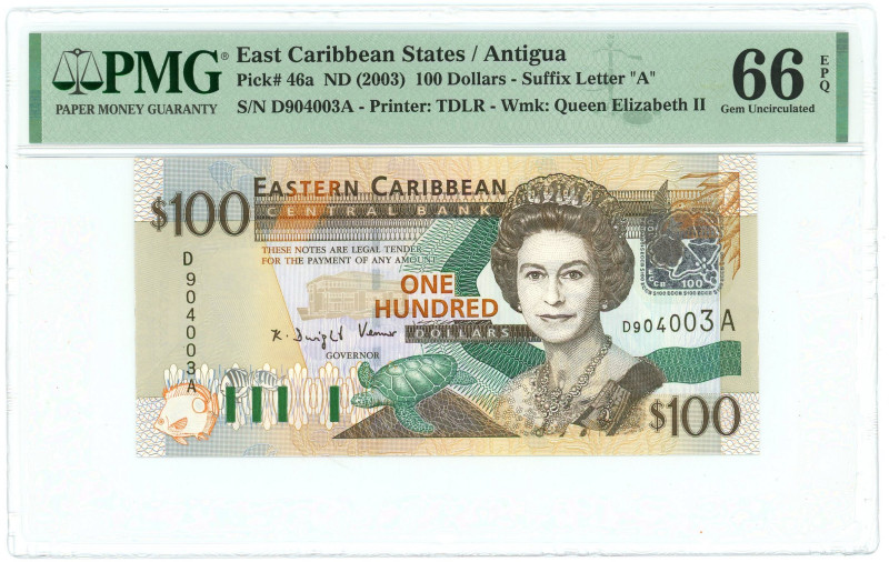 East Caribbean States Antigua 100 Dollars 2003 (ND) PMG 66 EPQ Gem UNC

P# 46a...