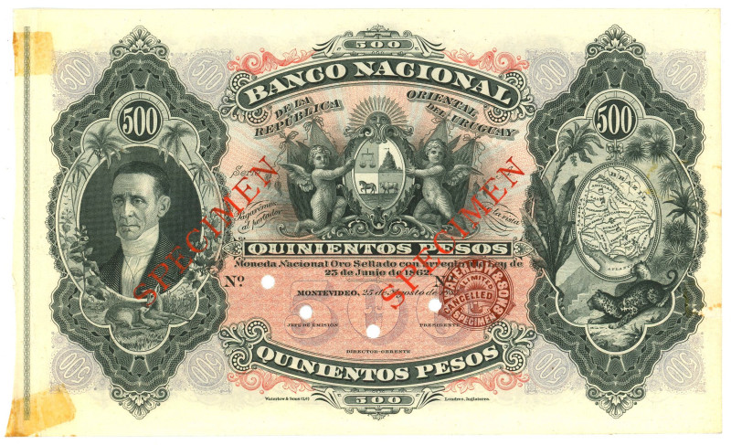 Uruguay 500 Pesos 1887 Specimen Color Trial

P# A98ct, XF with punch holes and...