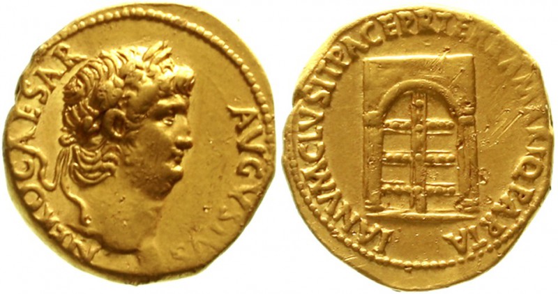 Römische Goldmünzen Kaiserzeit Nero, 54-68
Aureus 64/66. Belorbeerter Kopf r./I...